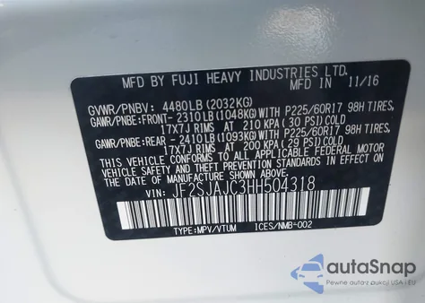 2017 Subaru Forester 2.5I Limited z USA, uszkodzony, nr VIN JF2SJAJC3HH504318